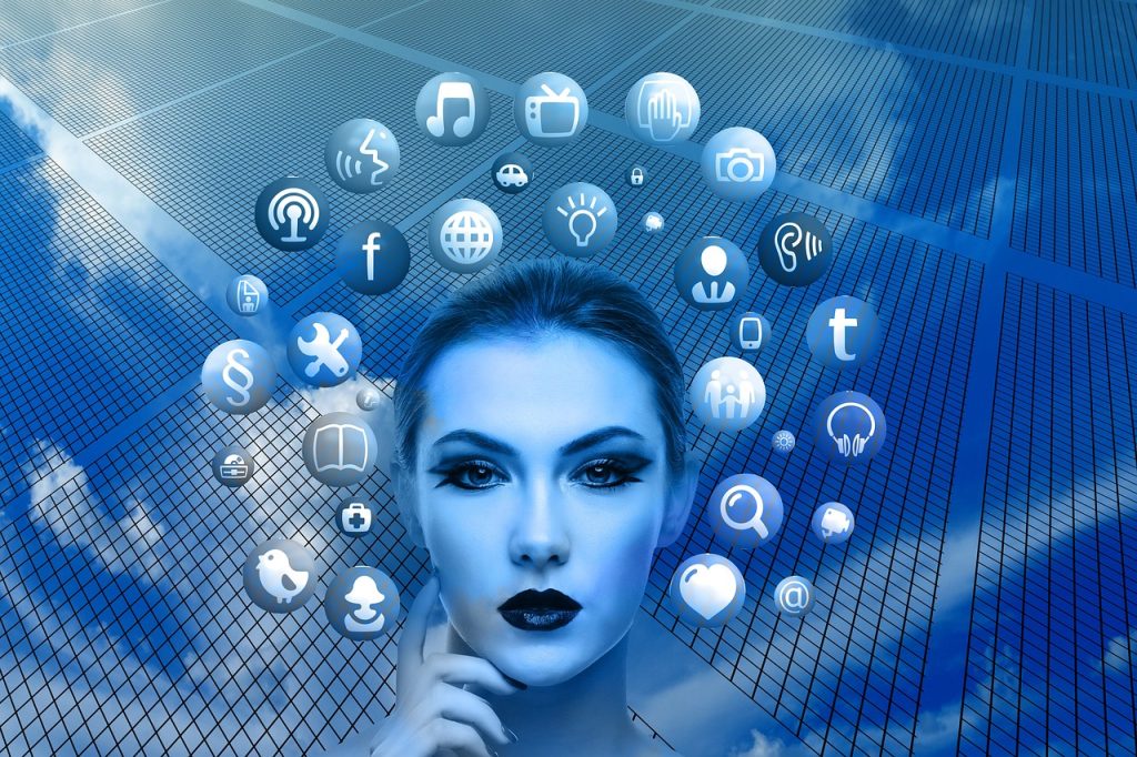 woman, face, nature, social media, thoughts, head, applications, apps, social media applications, icons, circle, tree, networks, internet, social, social network, facebook, google, social networking, networking, multimedia, blue
